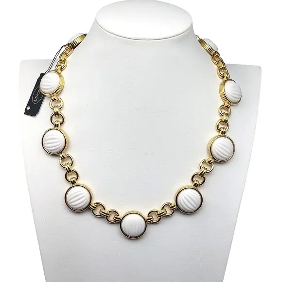 NWT Chunky Monet Statement Necklace, Fluted White Thermoset Lucite on Gold Tone,
